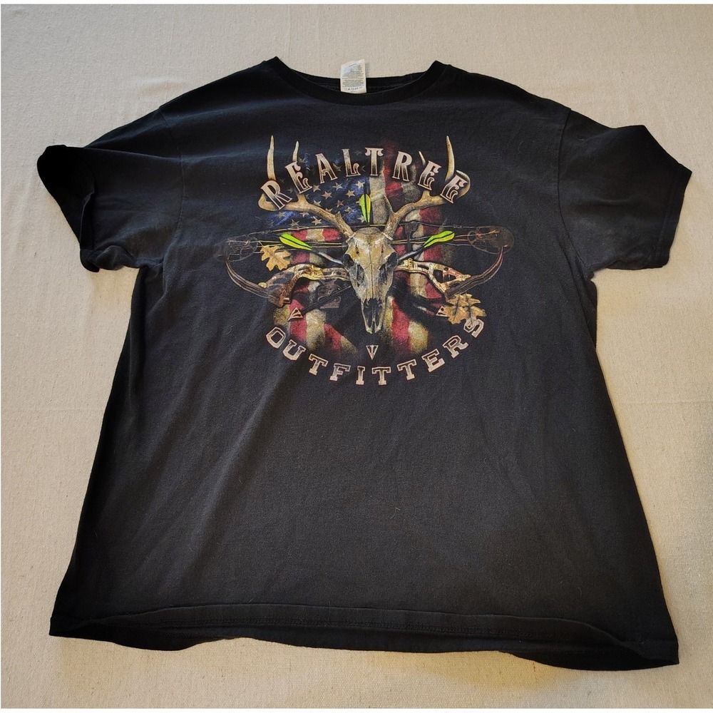 Y2K Realtree Outfitters Mens Black Deer Skull Bow American‎ Flag T-Shirt L U